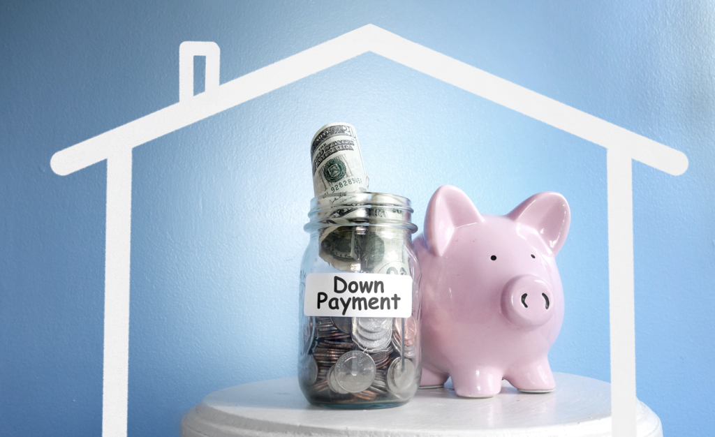 Piggy bank next to a jar full of money that has the tag "Down Payment" on it sitting on a pedestal. An outline of a house covers the scene. (Using ROBS as an SBA Down Payment - Guidant Blog). 