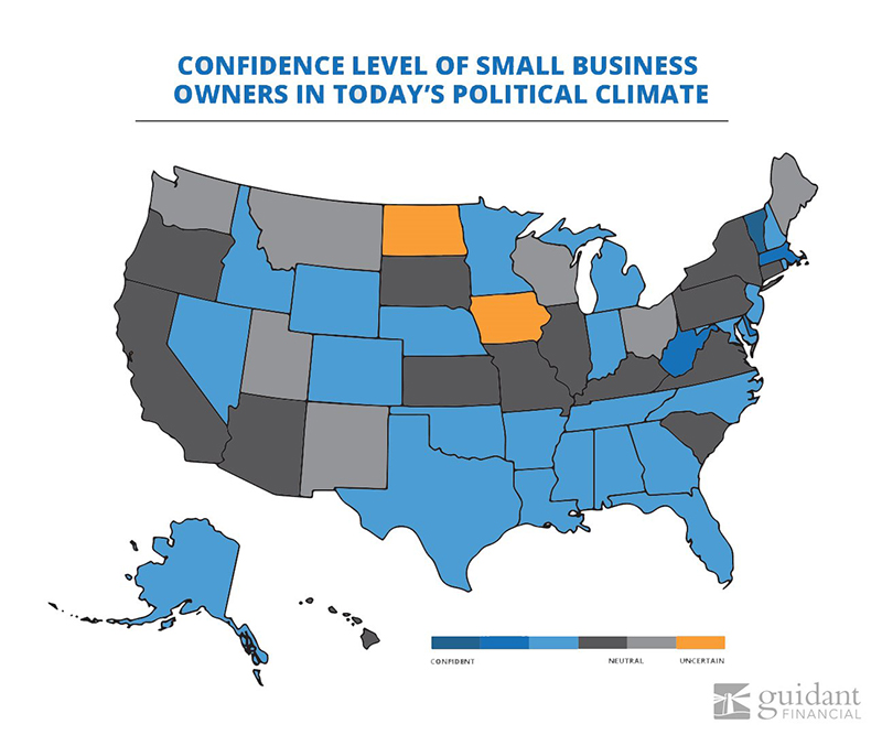 A map of the political confidence levels in the continental united states based on the research done on business trends entering into 2018. 