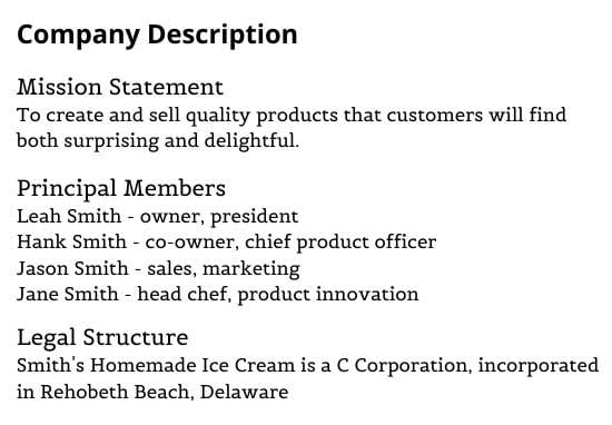 description of products and services example business plan