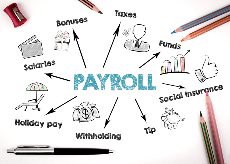 Diagram showing best payroll practices and components. Payroll: Salaries, Holiday pay, Bonuses, Withholding, Tip, Social Insurance, Funds, Taxes.