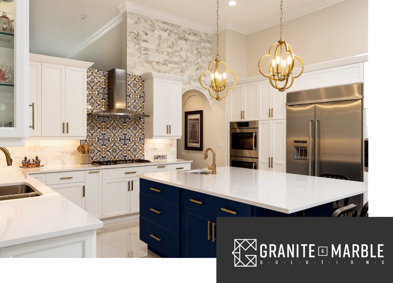 Marble and Granite Solutions logo with a granite kitchen