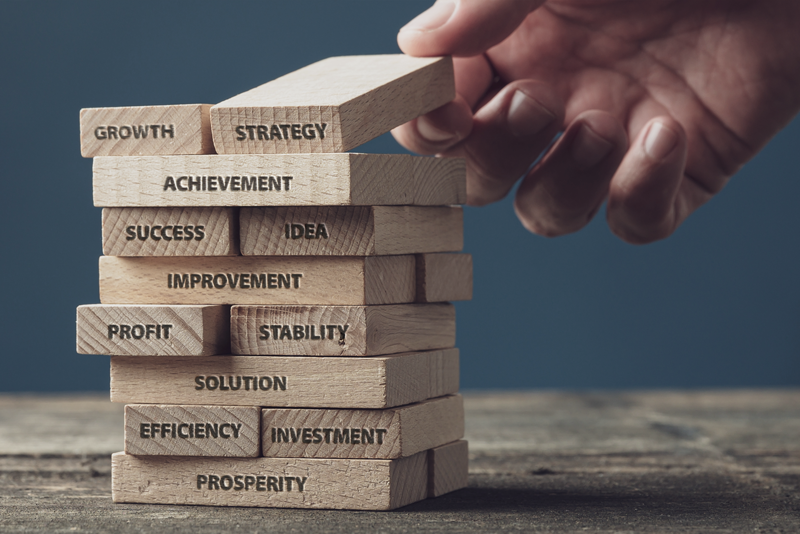 Hand playing a Jenga-looking game with the pieces showing different elements of a recession proof business: "Growth", "Strategy", "Achievement", "Success, "Idea", "Improvement", "Profit" "Stability", "Solution", "Efficiency", "Investment", "Prosperity." 