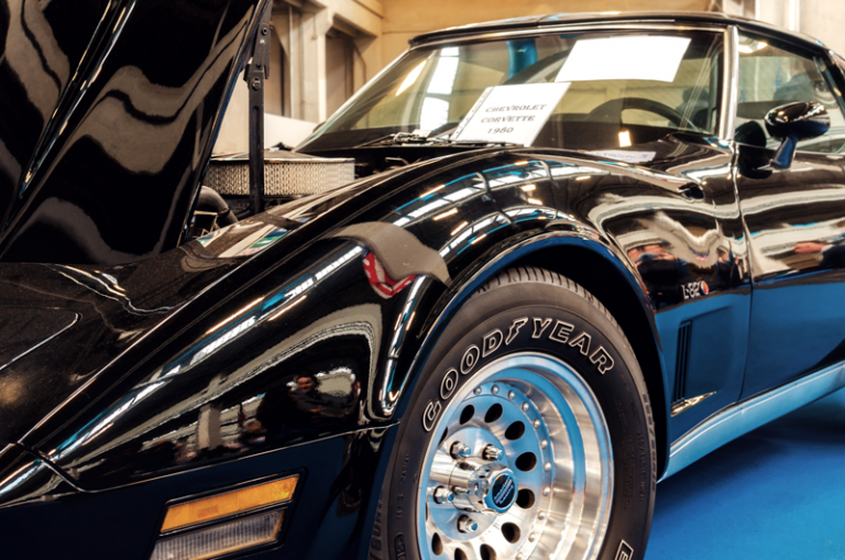 Photo of a Black 1980 Chevrolet Corvette L-82 on a classic american car exhibition in Turin (Italy) with Goodyear tires.