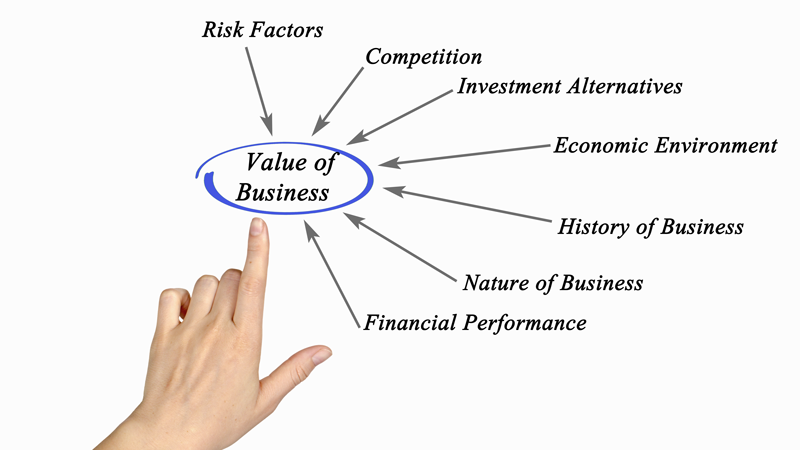 Small Business Valuation graph with different small business valuation methods and factors, including risk factors, competition, investment alternatives, economic environment, history of business, nature of business and financial performance.