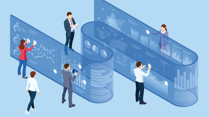 Graphic of a data-driven business - figures analyze data on a ribbon. 