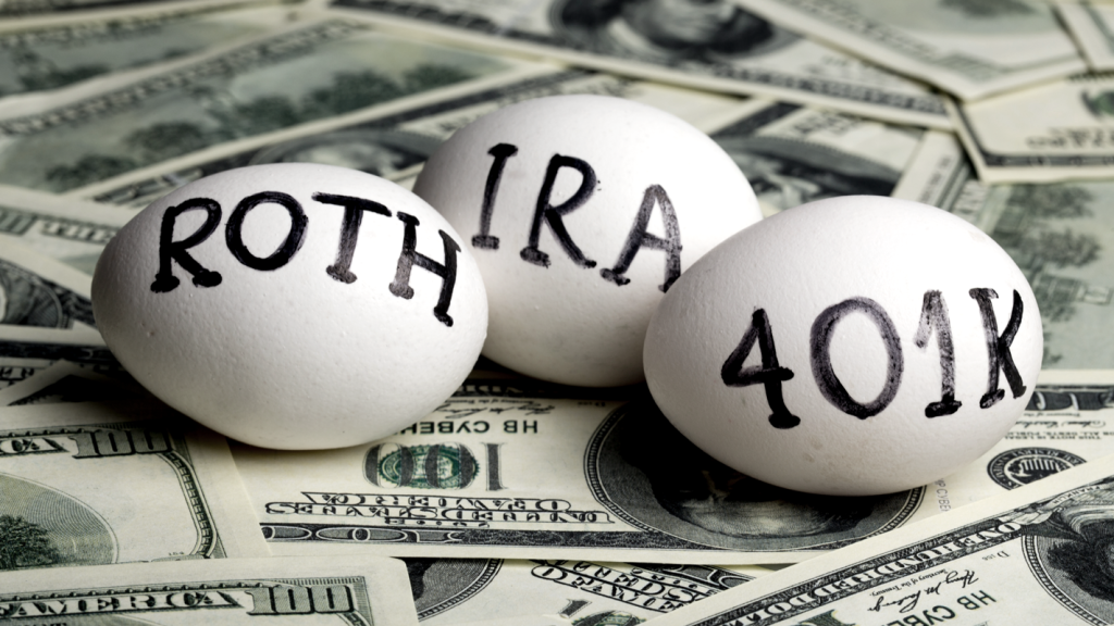 White eggs on top of money, each written with marker: "ROTH," "IRA," "401k." (Top Resources To Get Started With ROBS Blog.) 
