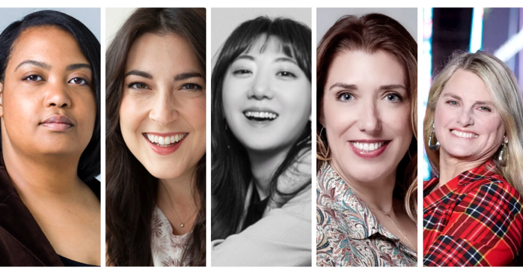 Portraits of five women entrepreneurs (Left to Right): Arlan Hamilton, Daniella Cornue, Esther Jh Kim, Loretta Markevics, Bonnie Comley.
