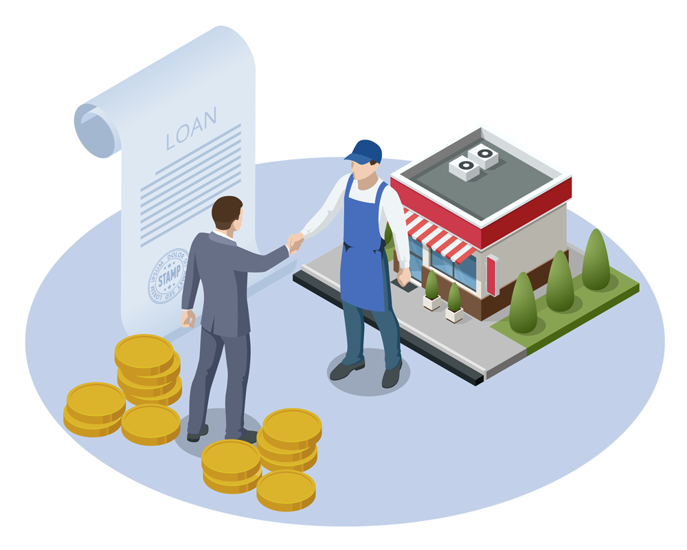 Graphic of a small business owner shaking hands with a bank representative with a stamped loan in the background. (Using Your 401(k) as an SBA Loan Down Payment - Guidant Block.)