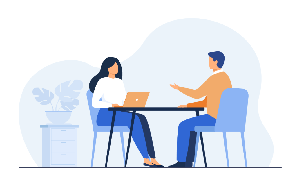 Illustration of two people chatting during an interviewing process. (Hiring for Small Business 101: When and How to Find the Right Talent - Guidant Blog). 