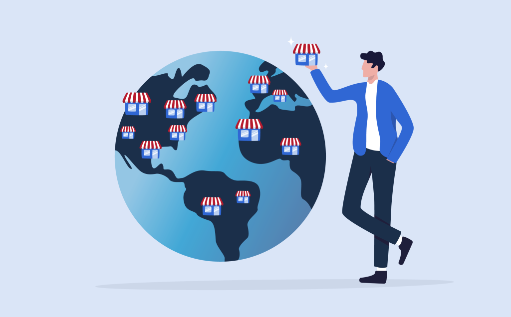Illustration of a man next to a globe filled with small businesses. (Top Franchise Industries and Industry Trends - Guidant Financial Blog.)
