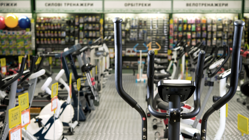 Fitness equipment and supplies on display in a store