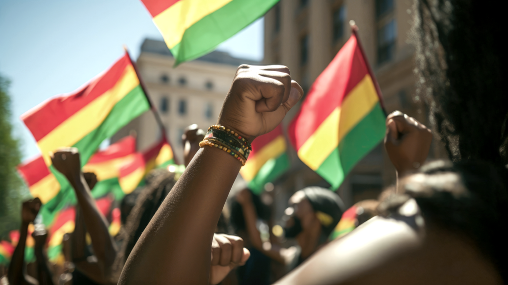 Juneteenth celebrations in the street with a parade of people and waving of colorful flags. (Ways to Celebrate Juneteenth for Small Businesses - Guidant Blog.)