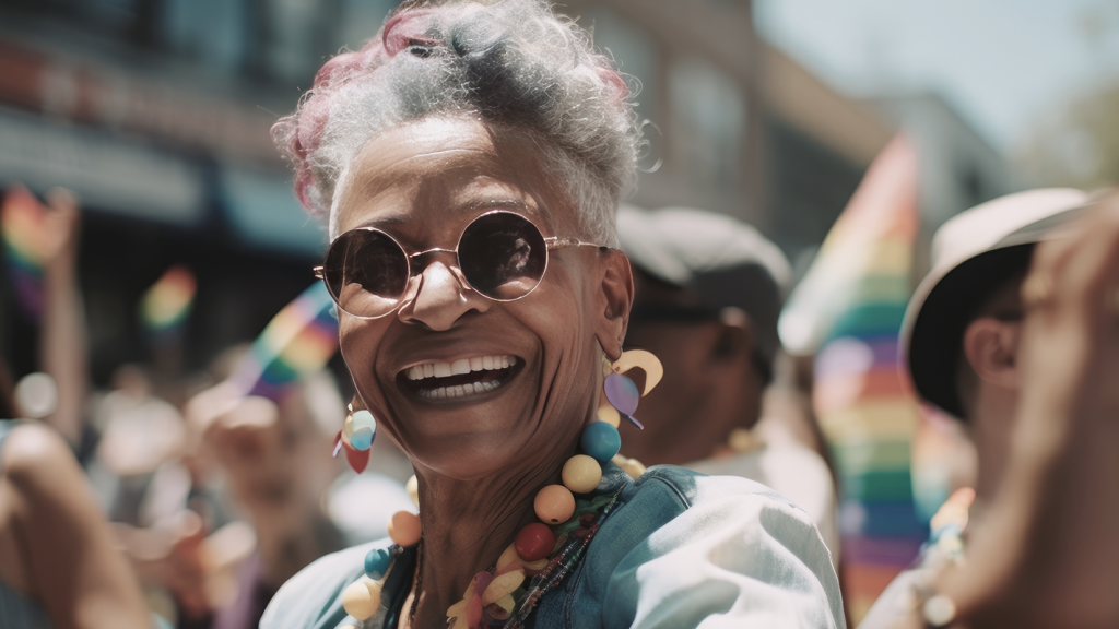 Older woman smiling at a pride parade, wearing colorful jewelry. (5 Ways Small Businesses Can Support Pride Month - Guidant Blog.)