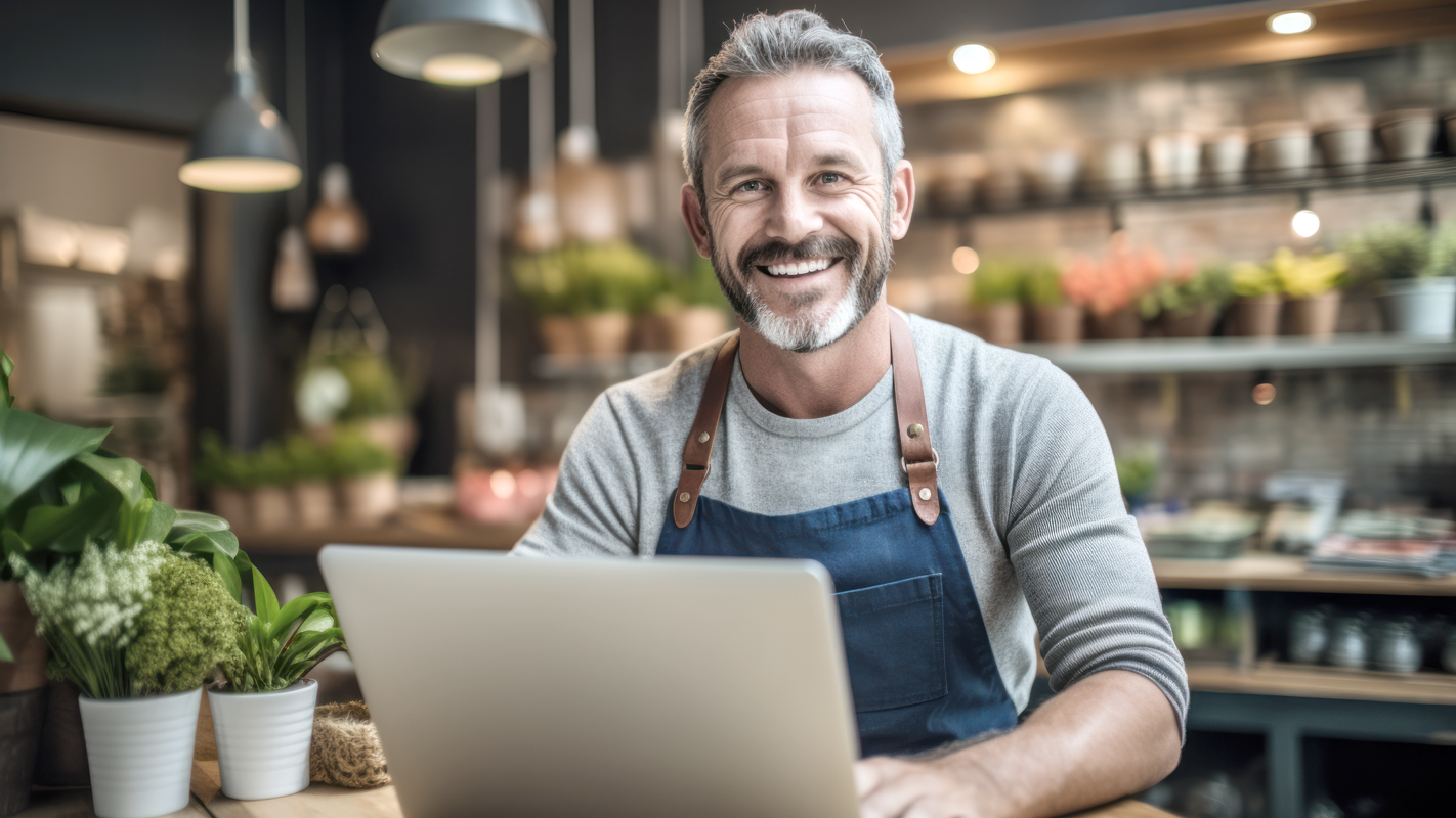 Happy business owner man in store at a laptop. (Complete Guide to Payroll for Small Businesses - Guidant Financial.)