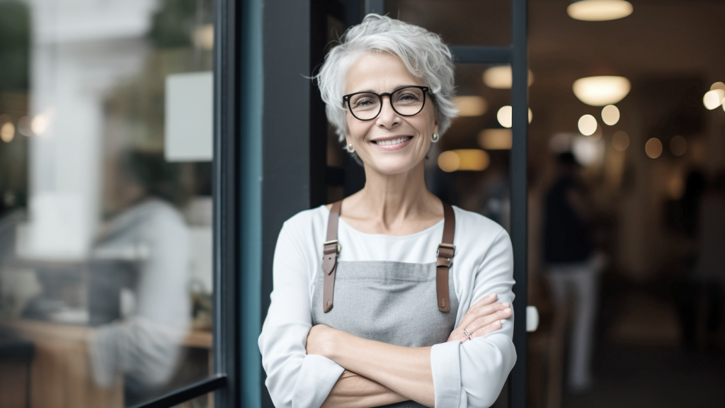 Older woman business owner in apron smiling outside of a storefront. (Considering Rollovers for Business Startups (ROBS) for Your Business? Answer These 6 Questions First - Guidant Blog). 