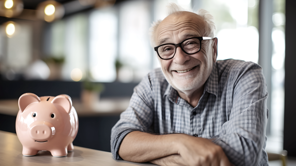 Older man smiling sitting next to a piggy bank. (Considering Rollovers for Business Startups (ROBS) for Your Business? Answer These 6 Questions First - Guidant Blog). 