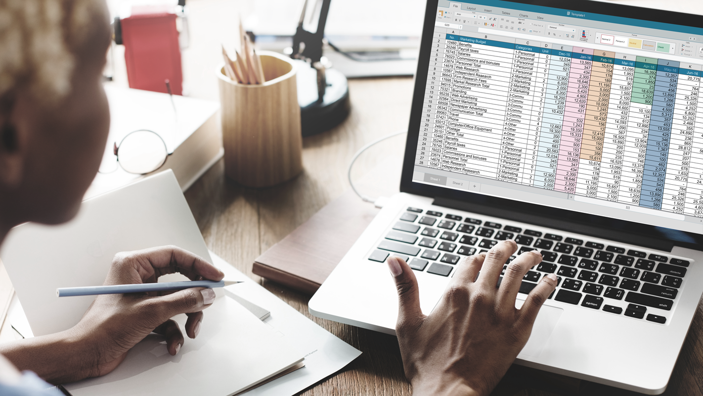 Woman on a computer using a spreadsheet. (Complete Guide to Bookkeeping - Guidant Financial).