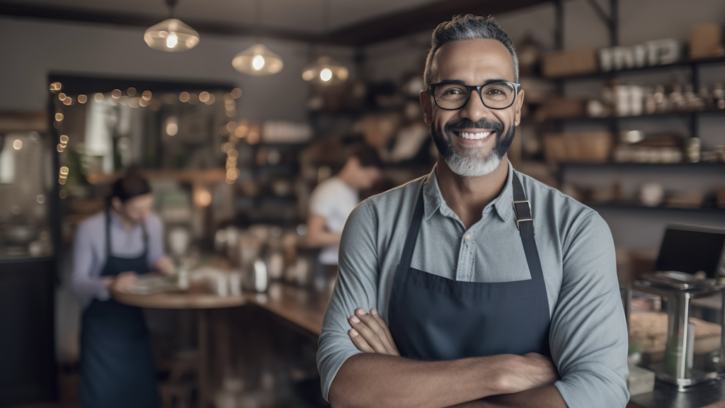 Business owner smiling with a restaurant in the background. (Harnessing ROBS While Working: Why It Makes Sense and How to Do It Right - Guidant Blog). 