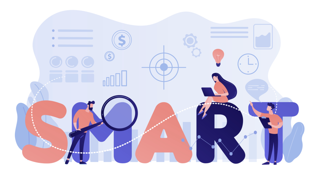 Graphic reading "SMART" for S.M.A.R.T goals. (How to Start a Bustling Side Hustle in 7 Steps - Guidant Blog.)