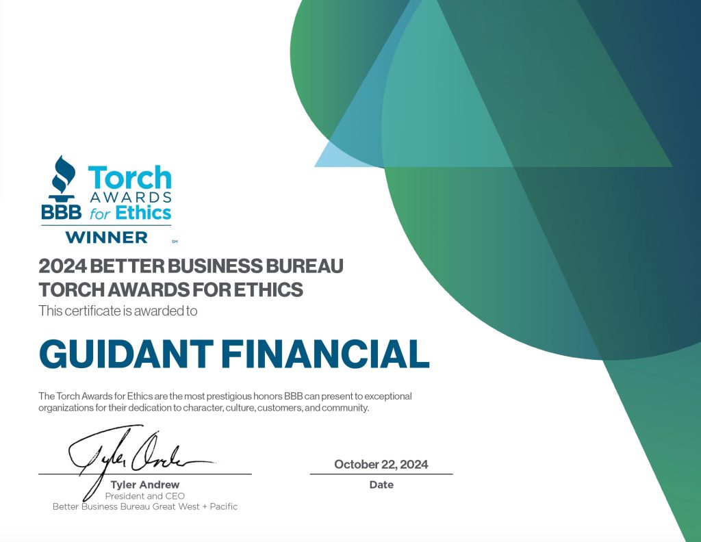 Certificate of the Better Business Bureau (BBB) Torch Award for Ethics awarded to Guidant Financial, 2024.
