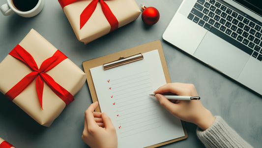 A person making a list next to presents. (12 Days of Business: Holiday Marketing Tips to Boost Your Sales - Guidant Blog). 