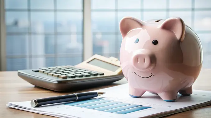 Piggy bank next to calculator and on top of financial paper work. (What is an In Service Rollover and How it Works - Guidant Financial on Rollovers for Business Startups).